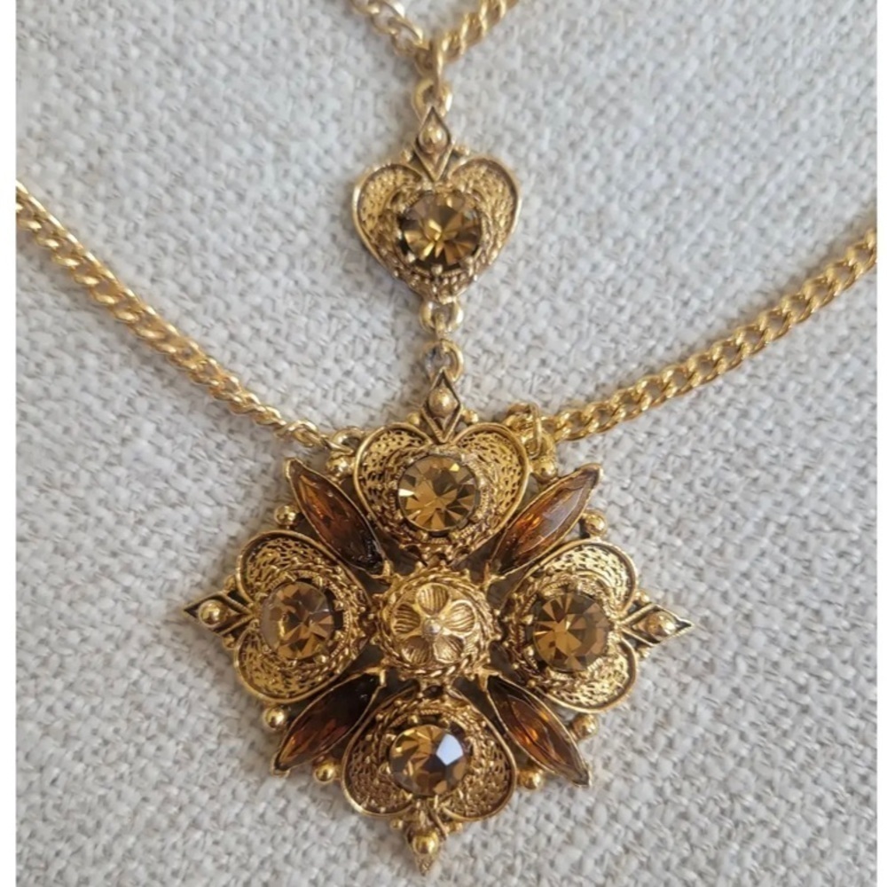 FLORENZA Signed Victorian Renaissance Revival Topaz Rhinestone Necklace - Picture 2 of 4